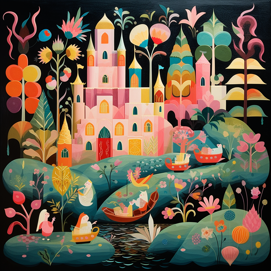 Colorful fairytale treasure trove in Mary Blair style