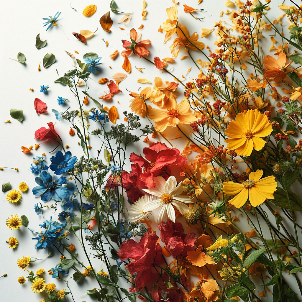 Vivid falling flowers and leaves