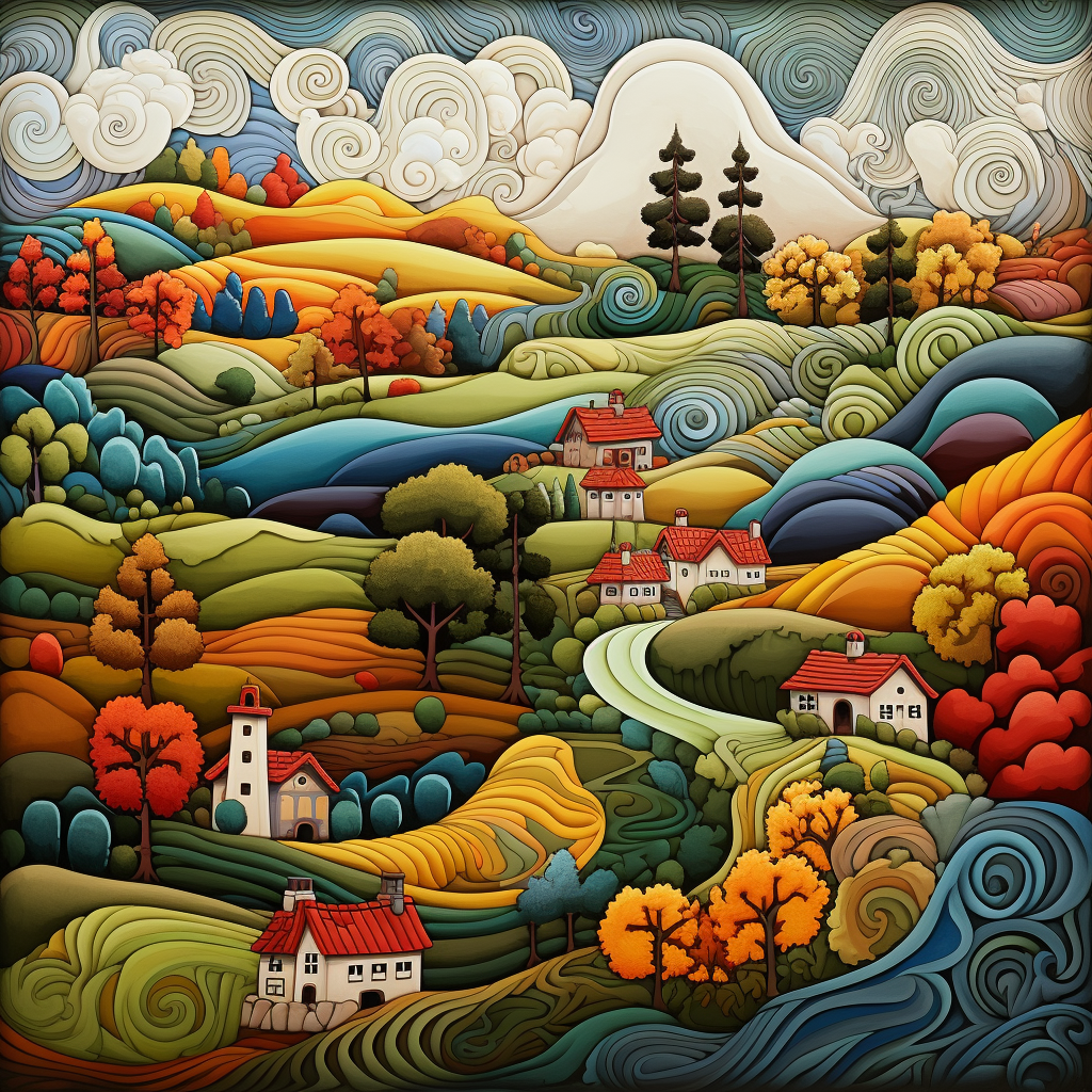 Colorful farm houses and fields artwork