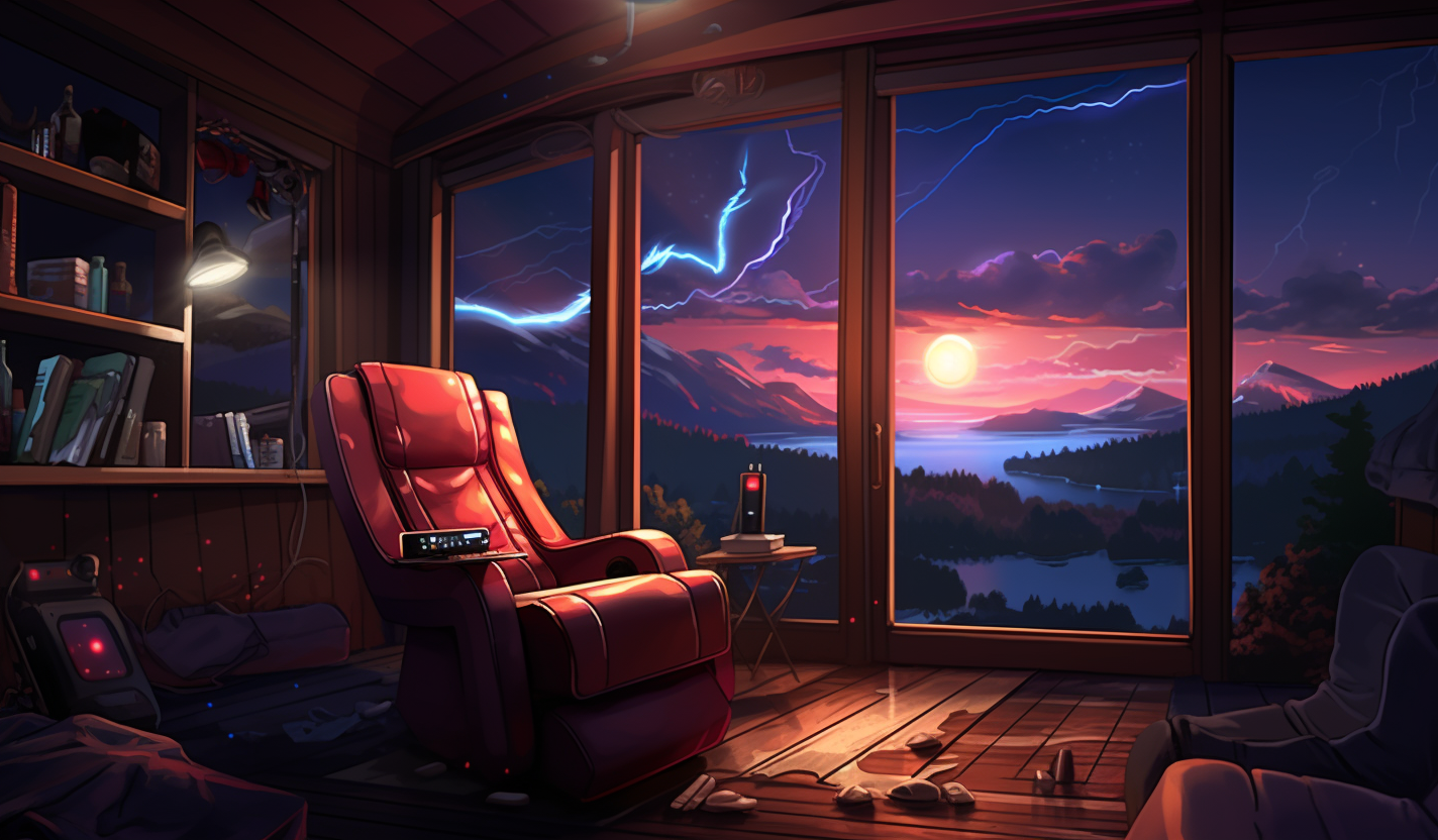 Robot gazing at lightning bolt from cozy cabin