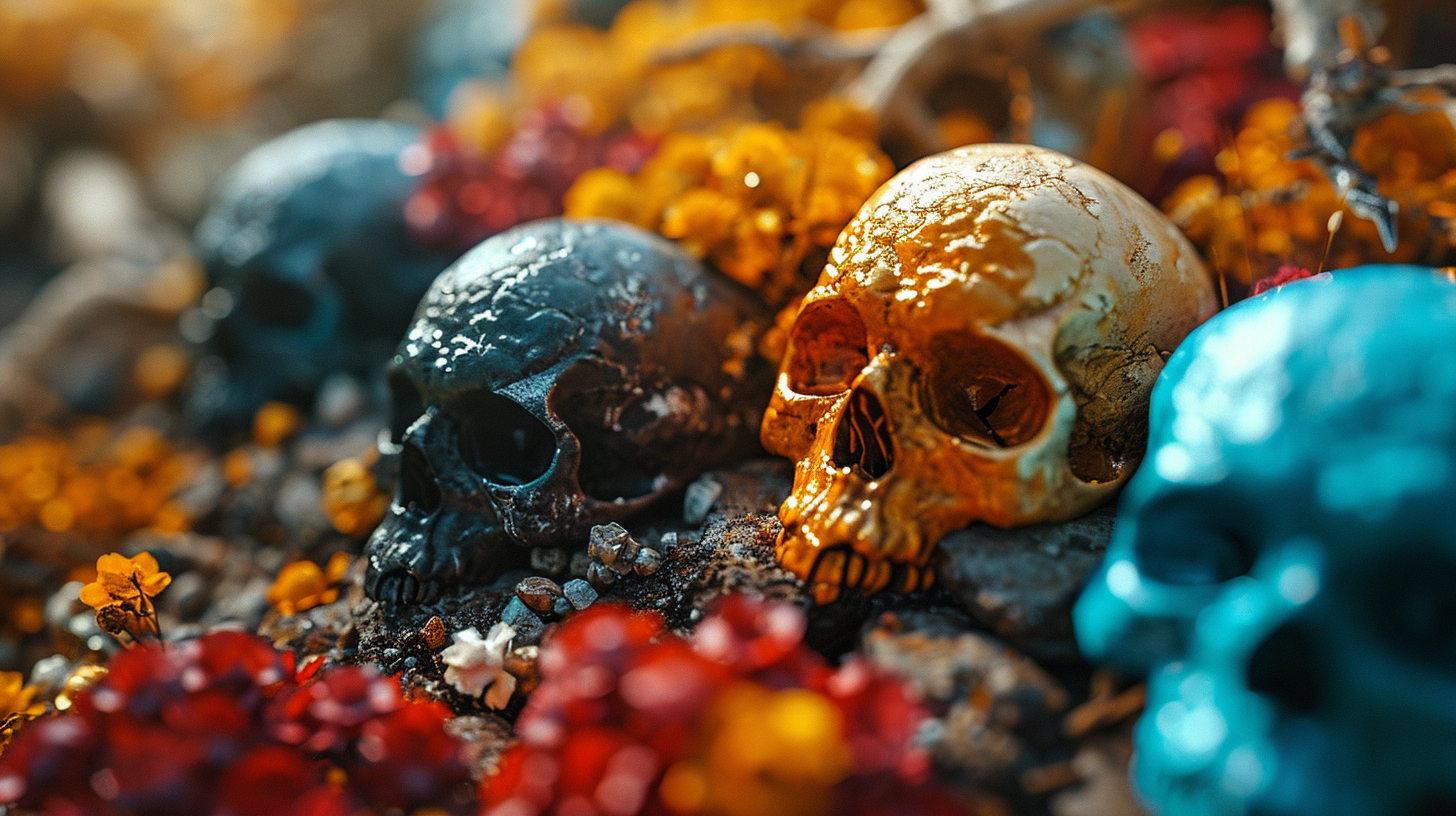 Colorful field with multiple skulls