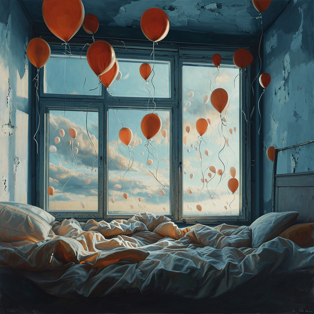 Colorful floating balloons in sky and bedroom