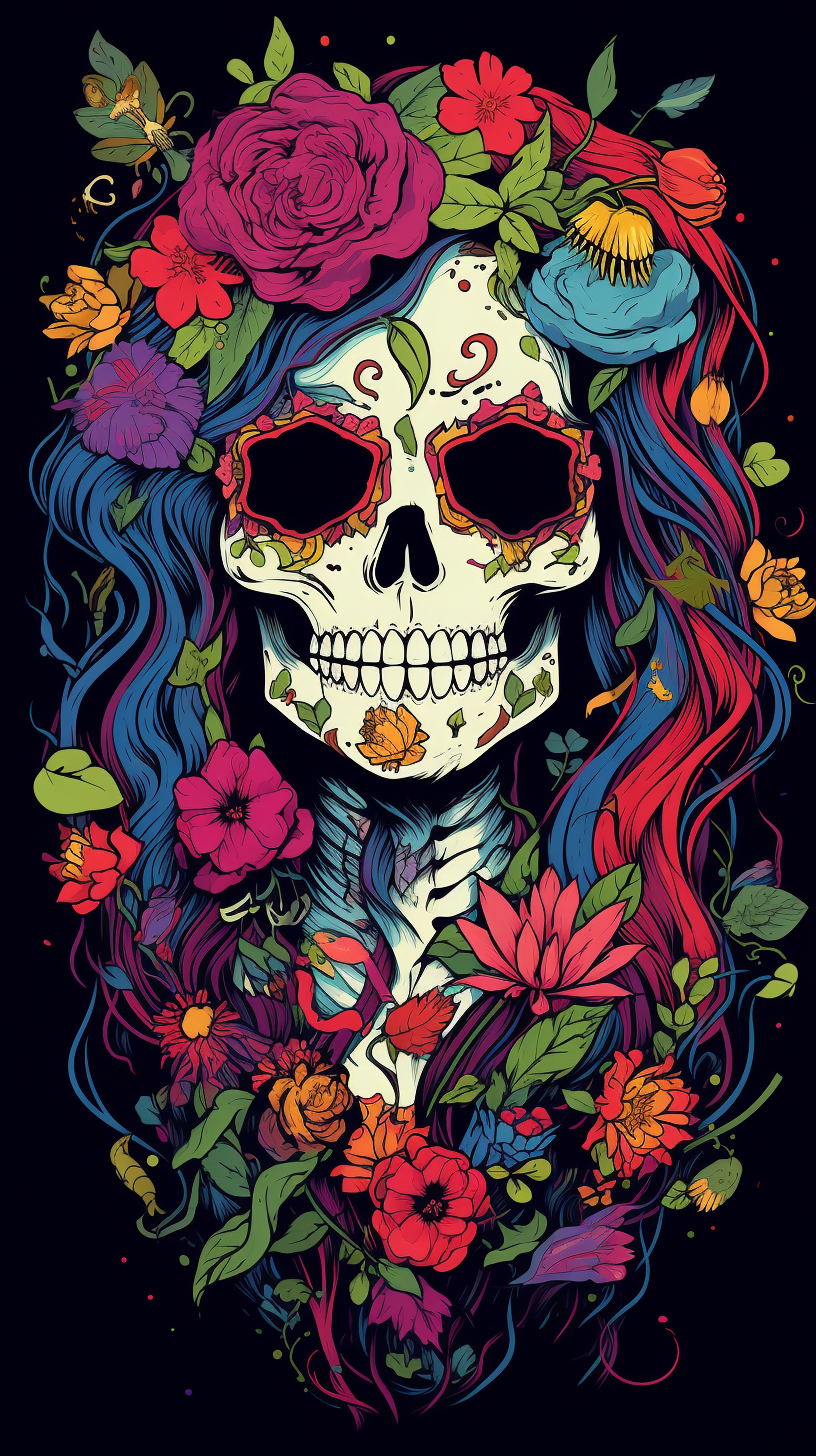 Colorful flower-covered skeleton in hair