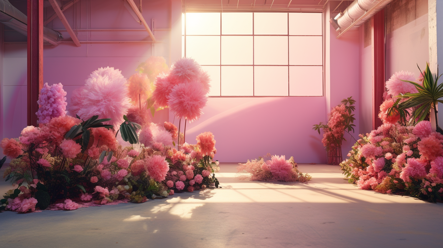 Colorful flowers in abandoned warehouse