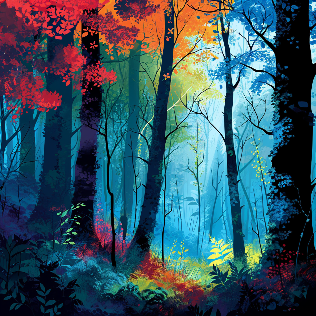 Vibrant Forest with Eyvind Earle's Style