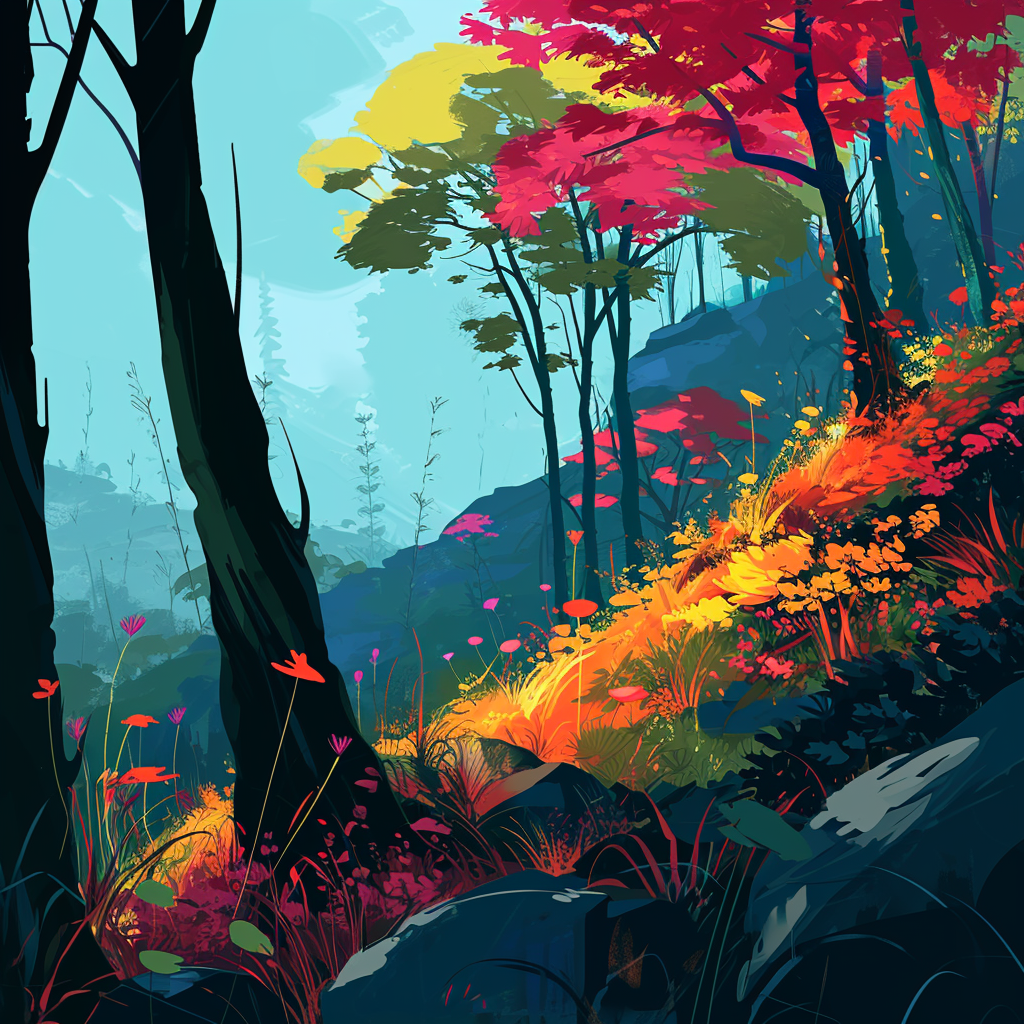 Colorful forest illustration inspired by Samurai Jack