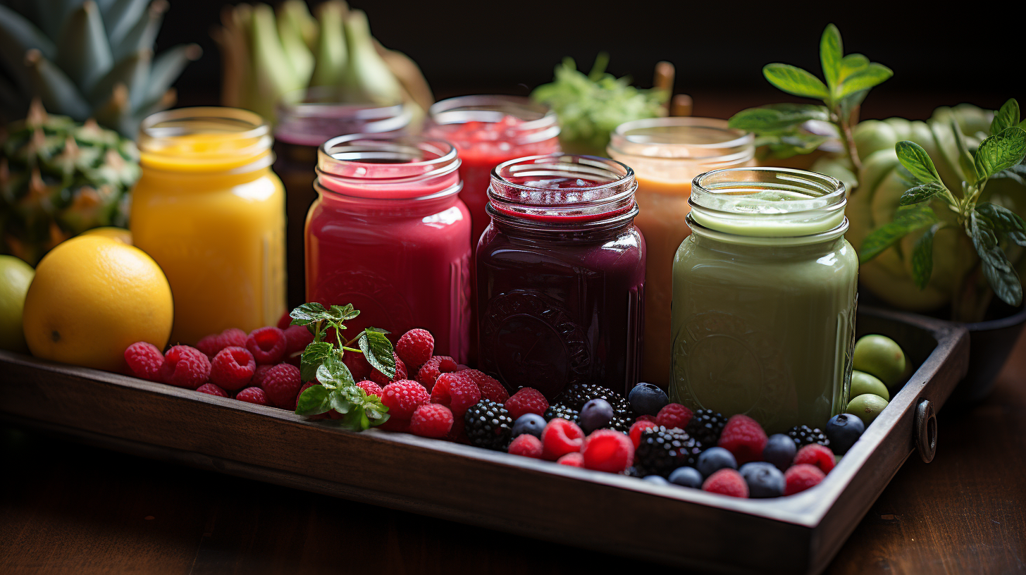 Colorful organic juices and smoothies on wooden desk