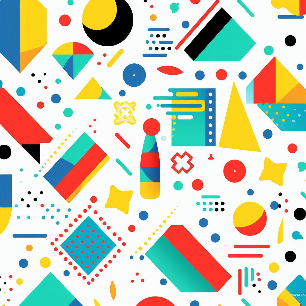 Brightly colored 80s geometric shapes on white background