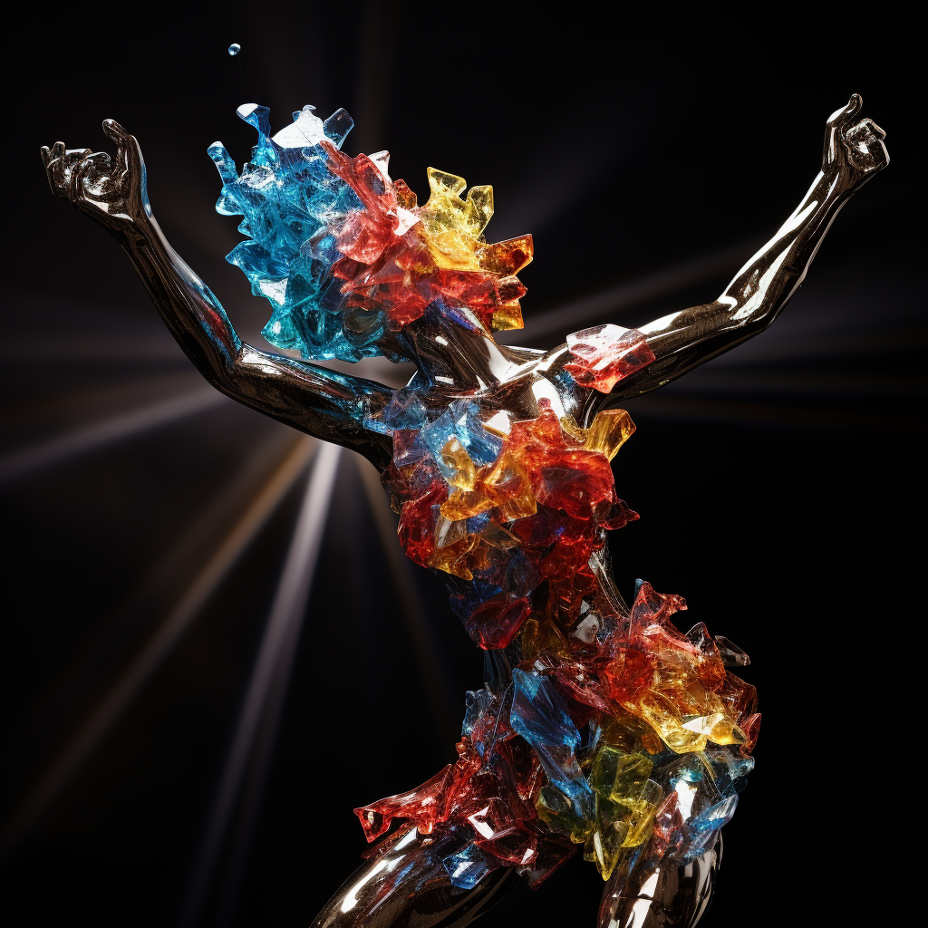 Statue dancing in colorful glass