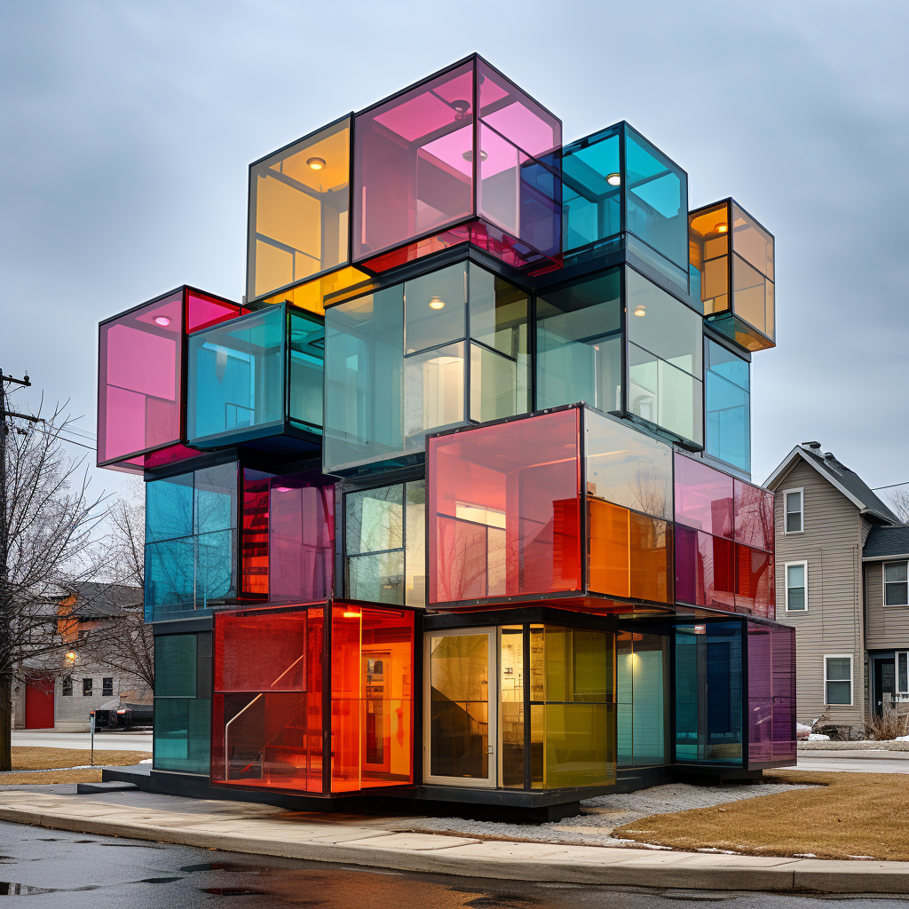 Modern cuboid home with colorful glass panels