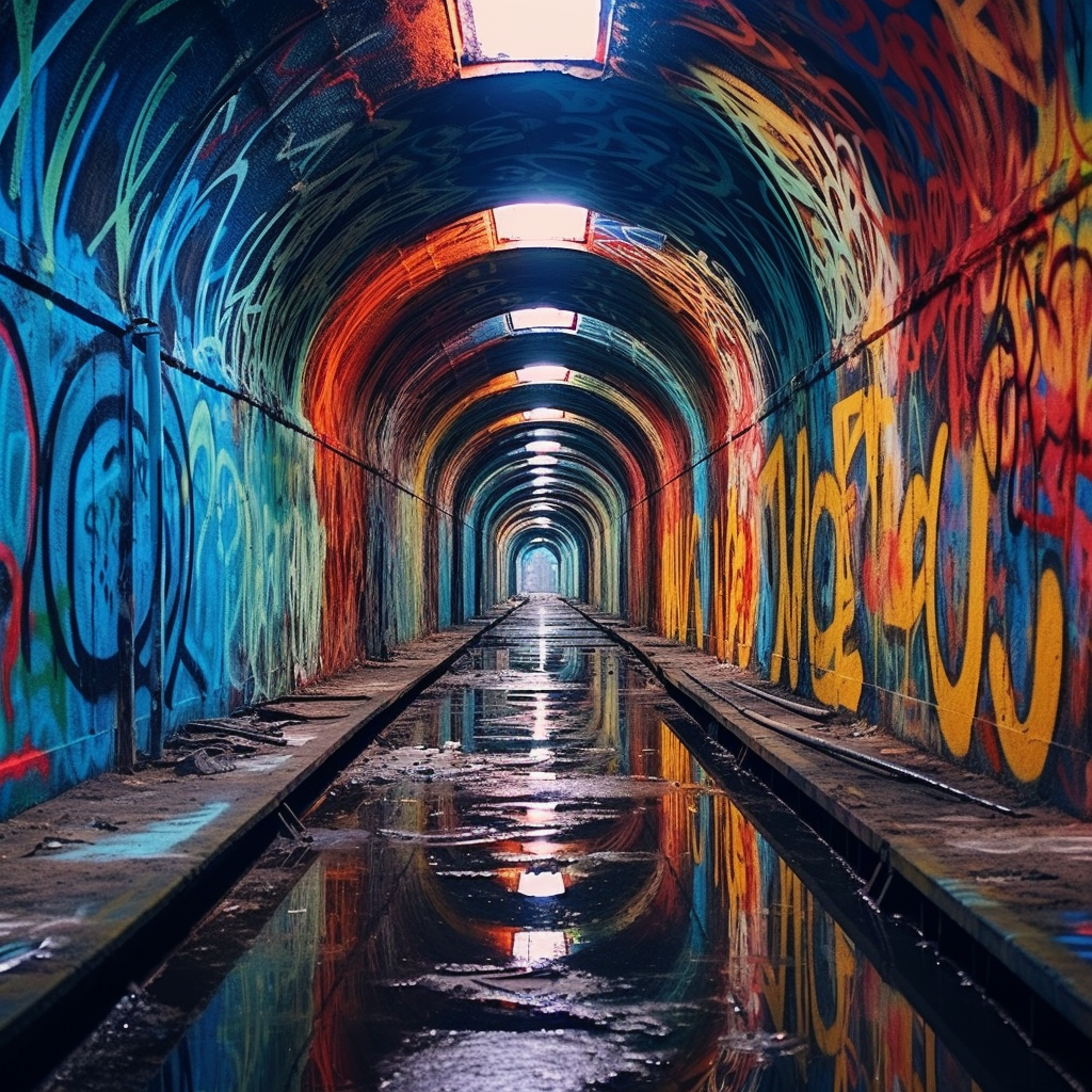 Vibrant graffiti tunnel with water reflections