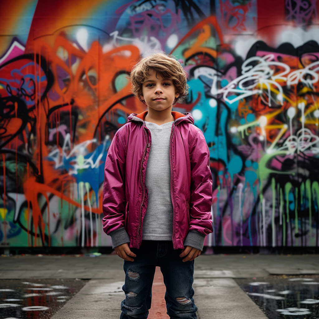 Smiling boy in front of vibrant graffiti wall  ?