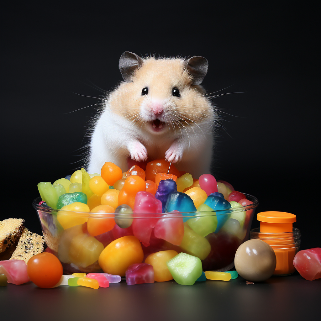 Black and white image of a hamster with stuffed cheeks