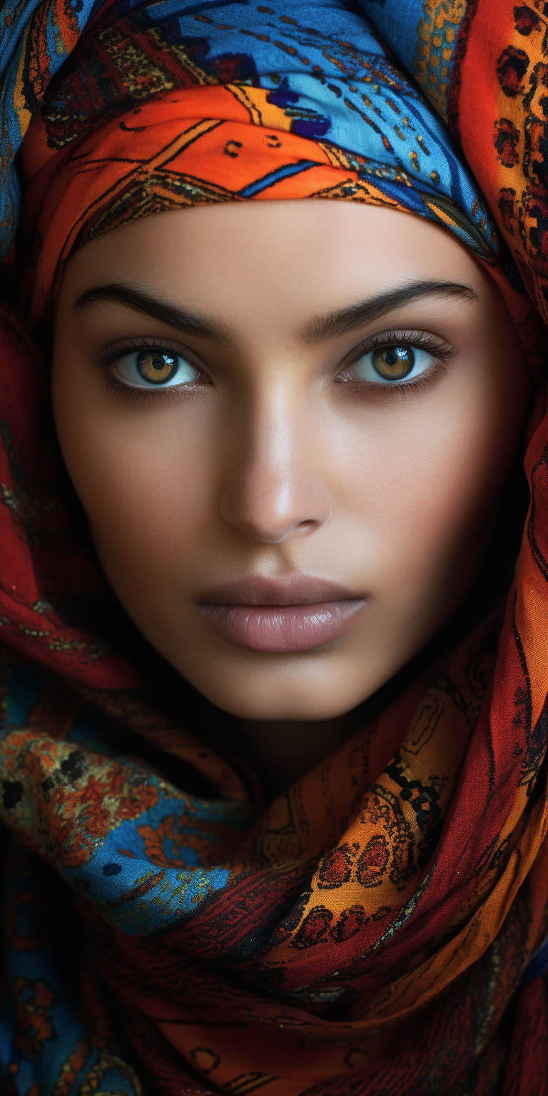 Woman with Colorful Head Scarf and Intricate Patterns