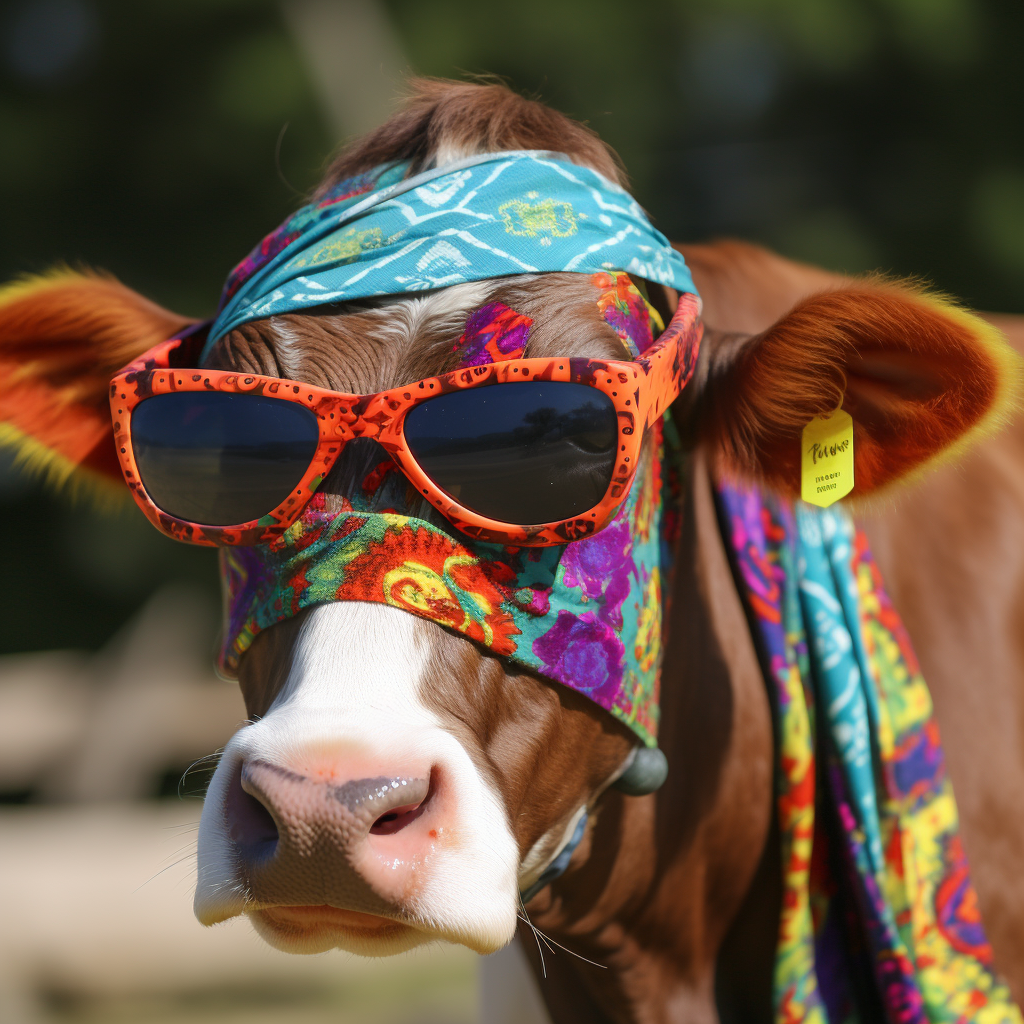 Colorful heifer with sunglasses and bandana