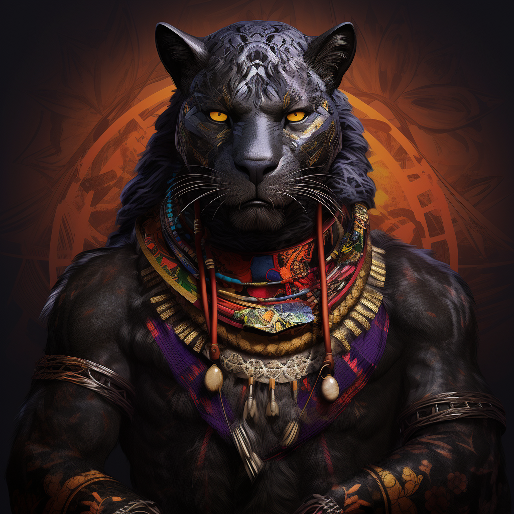 Anthropomorphic black panther and wolf hybrid with vibrant hippy vibes