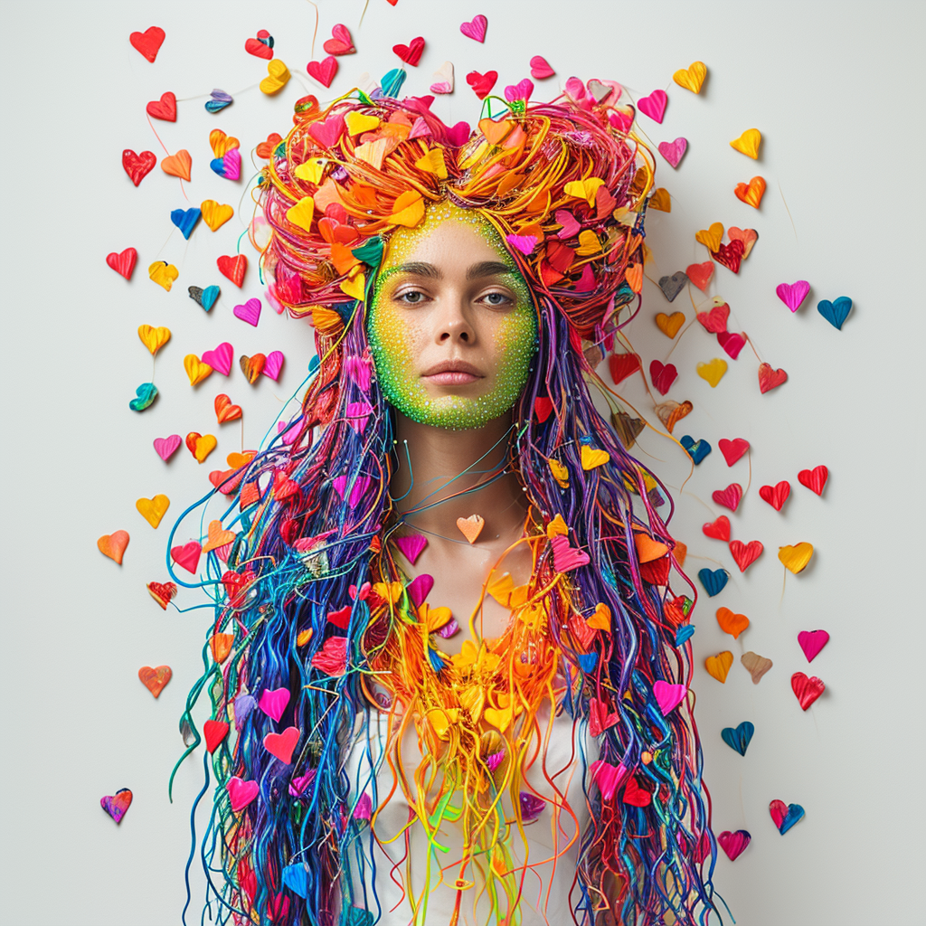 Woman with neon colored human heart hair