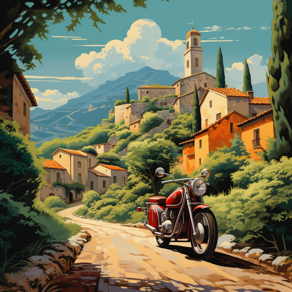 Classic motorcycle navigating picturesque Italian village