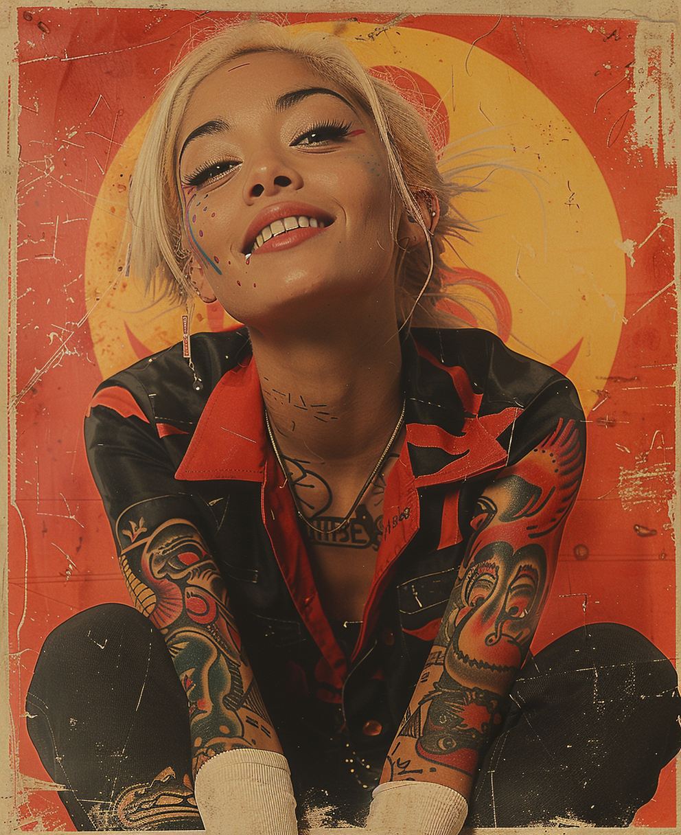 Smiling girl with Japanese tattoos