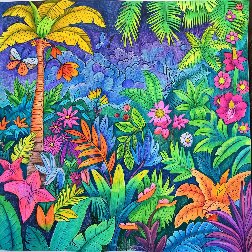 vibrant colorful jungle scene coloring