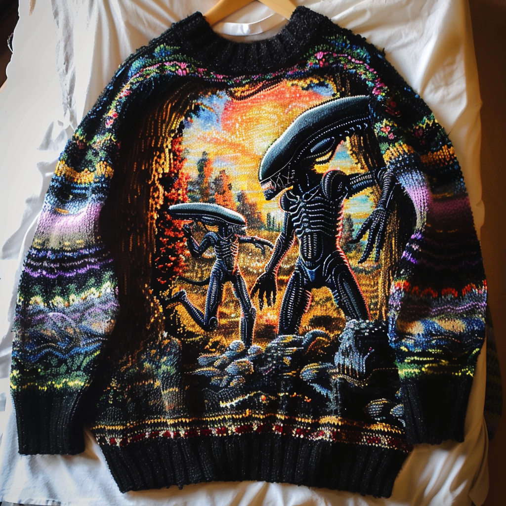 Colorful Knitted Alien Scene Sweater