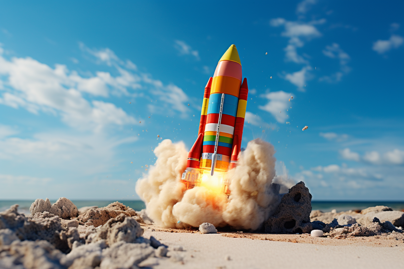 Colorful Lego rocket blasting off from Cape Canaveral