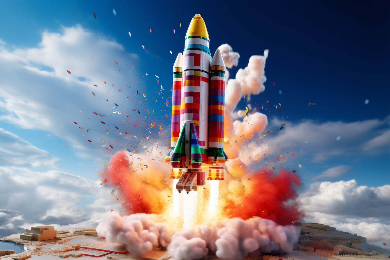 Epic colorful Lego rocket launch from pad