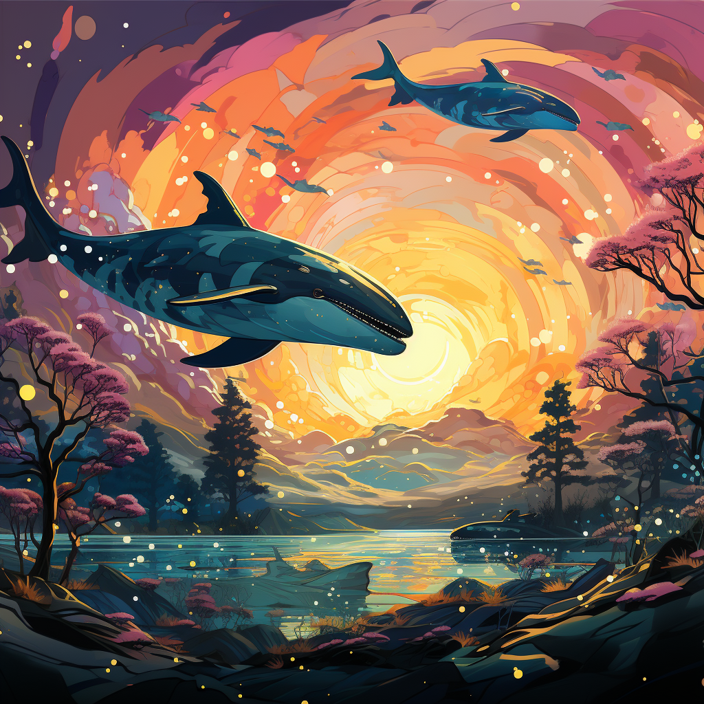 Whales flying in the colorful manga sky