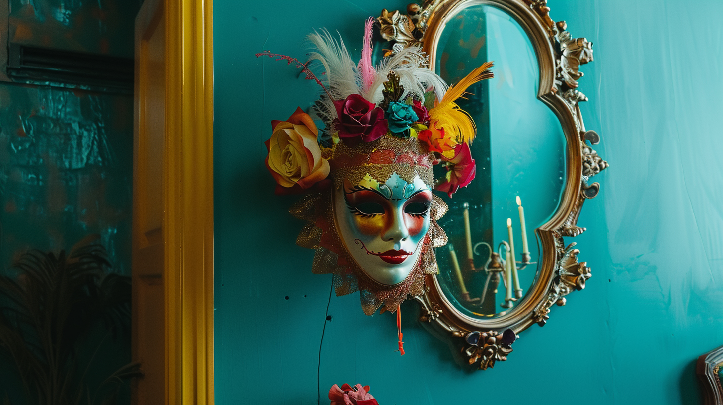 Colorful mask hanging near mirror