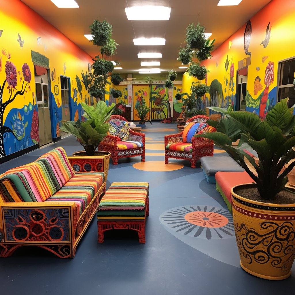 Students sitting in vibrant Mexican hallway