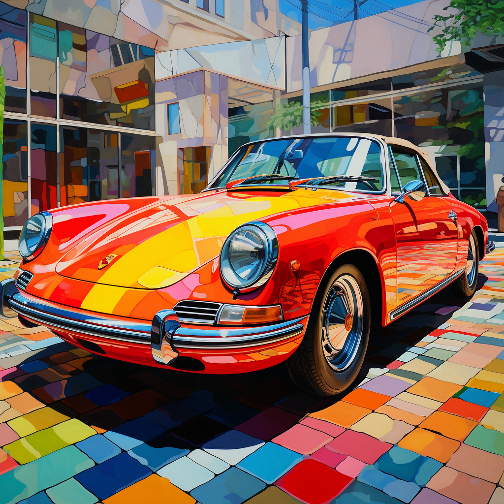 Colorful Mondrian Grid Painting over Red Porsche Convertible