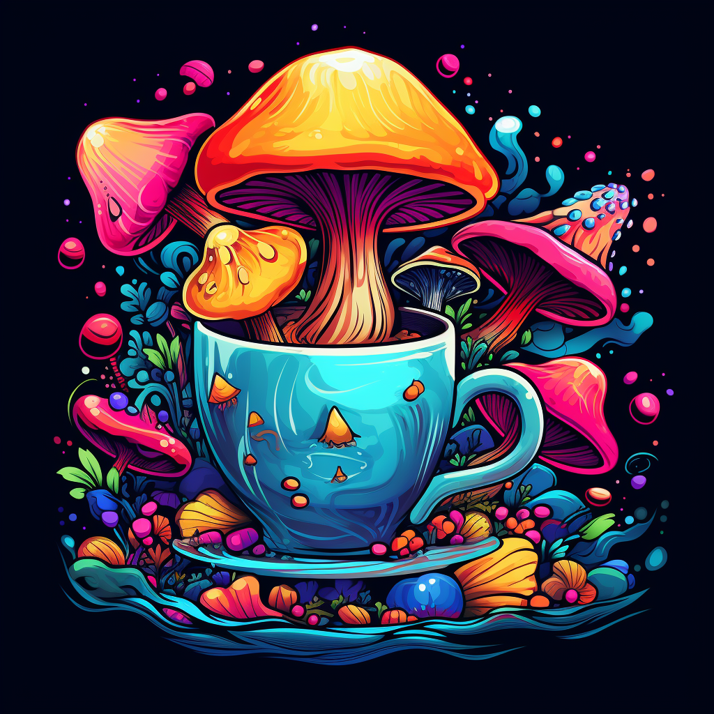 Colorful mushrooms in teacup illustration