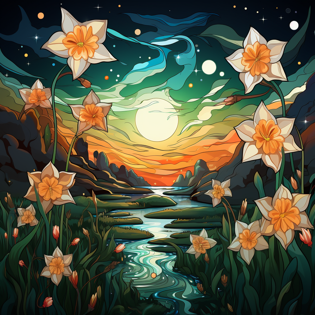 Beautiful Narcissus flowers in night sky