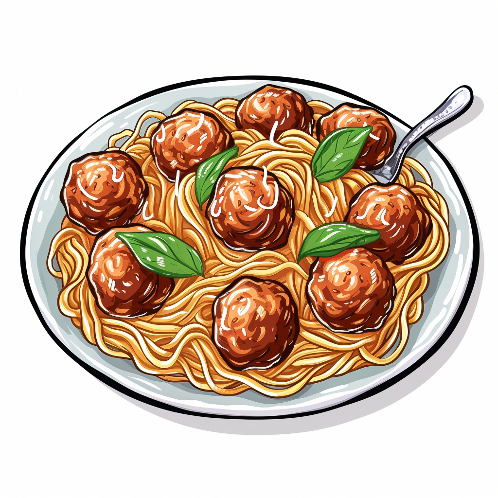 Colorful noodles and meatballs in deep plate