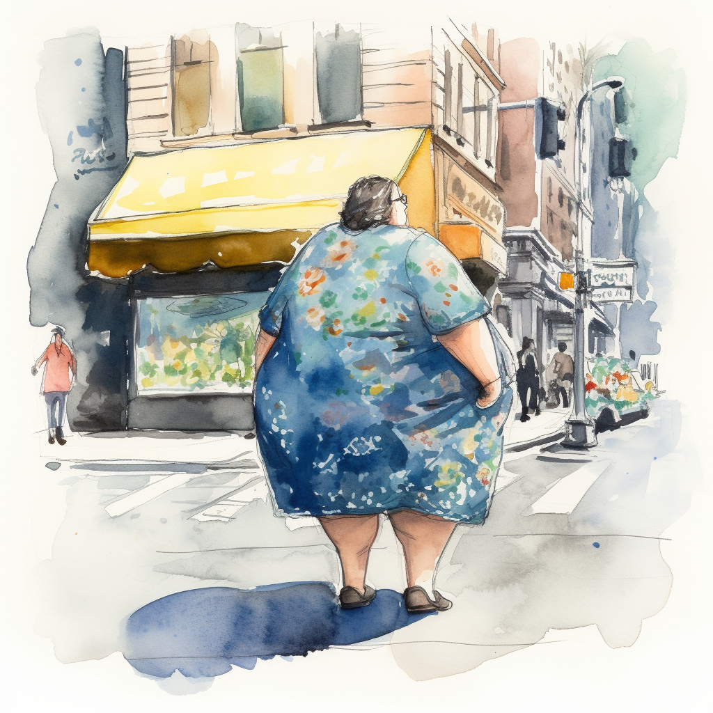 Colorful Obese Woman Walking with Blue House Dress