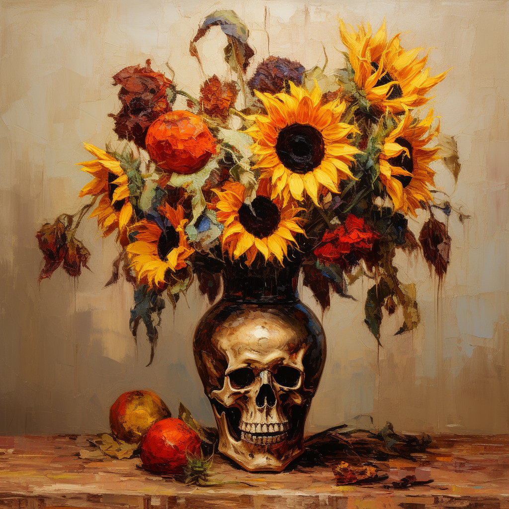 Colorful oil painting of rustic vase with sunflowers