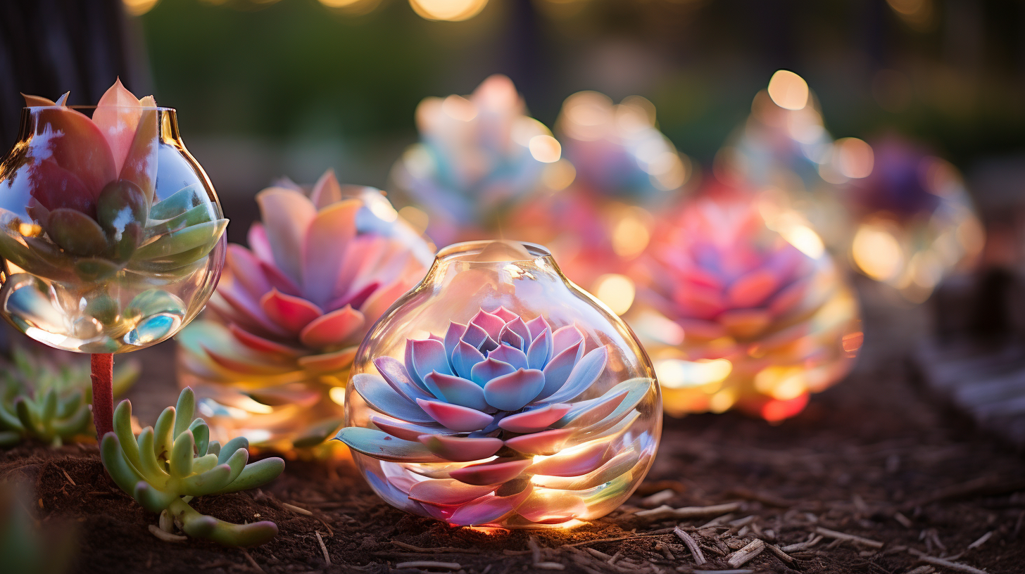 Colorful succulent-shaped lanterns in ethereal garden