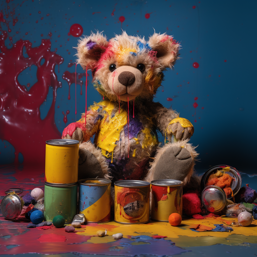 Toy bear covered in colorful paint