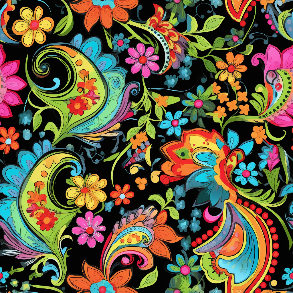 Vibrant paisley pattern with black outline design