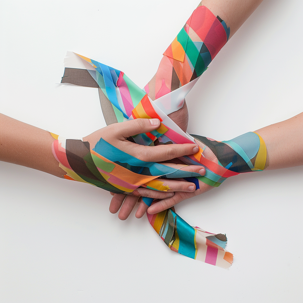 Hands holding colorful patchwork on white background