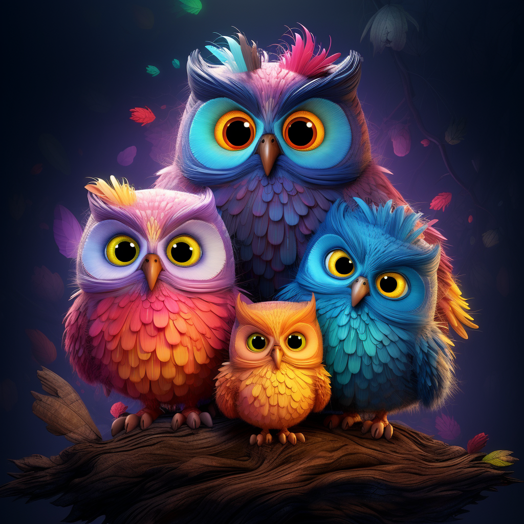 Adorable colorful owl family in Pixar style