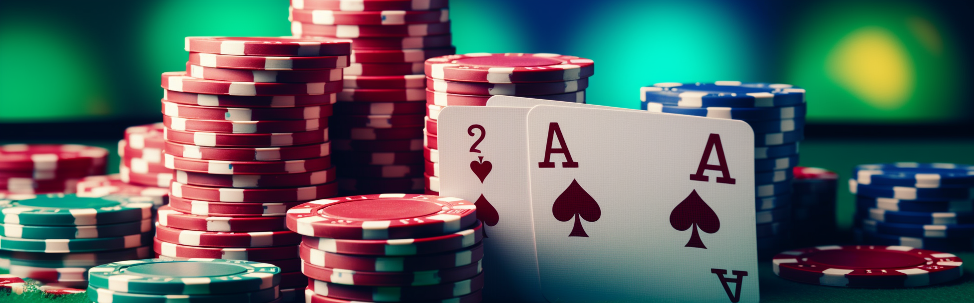 Stack of Colorful Poker Chips with Ace and King Cards