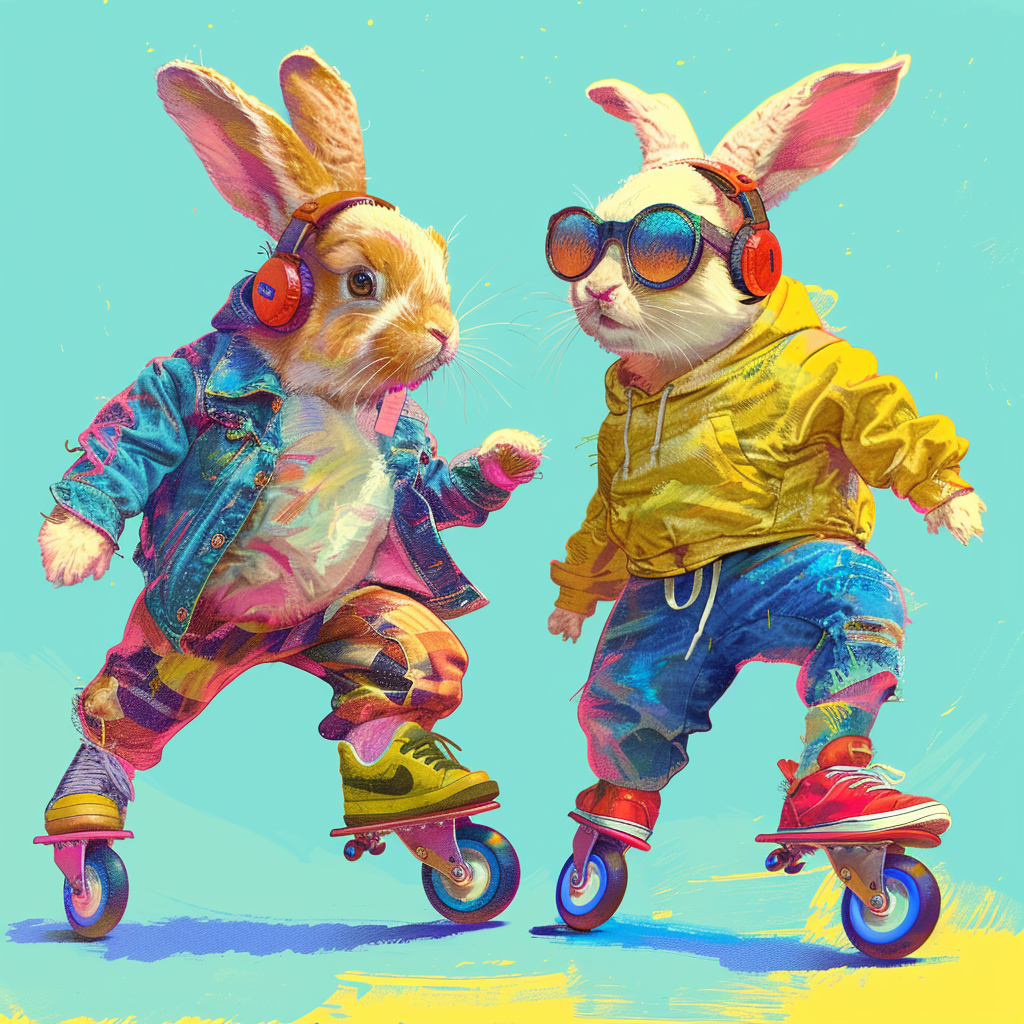 Cute colorful rabbits rollerblading kids