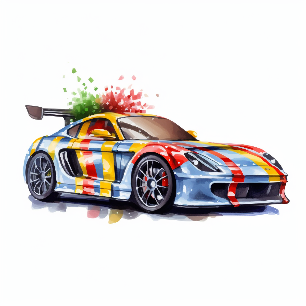 Colorful racing car with Christmas presents and lights