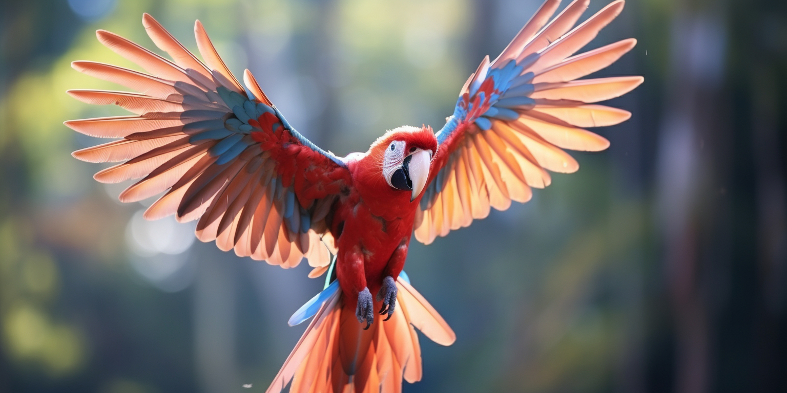 Beautiful red parrot spreading wings