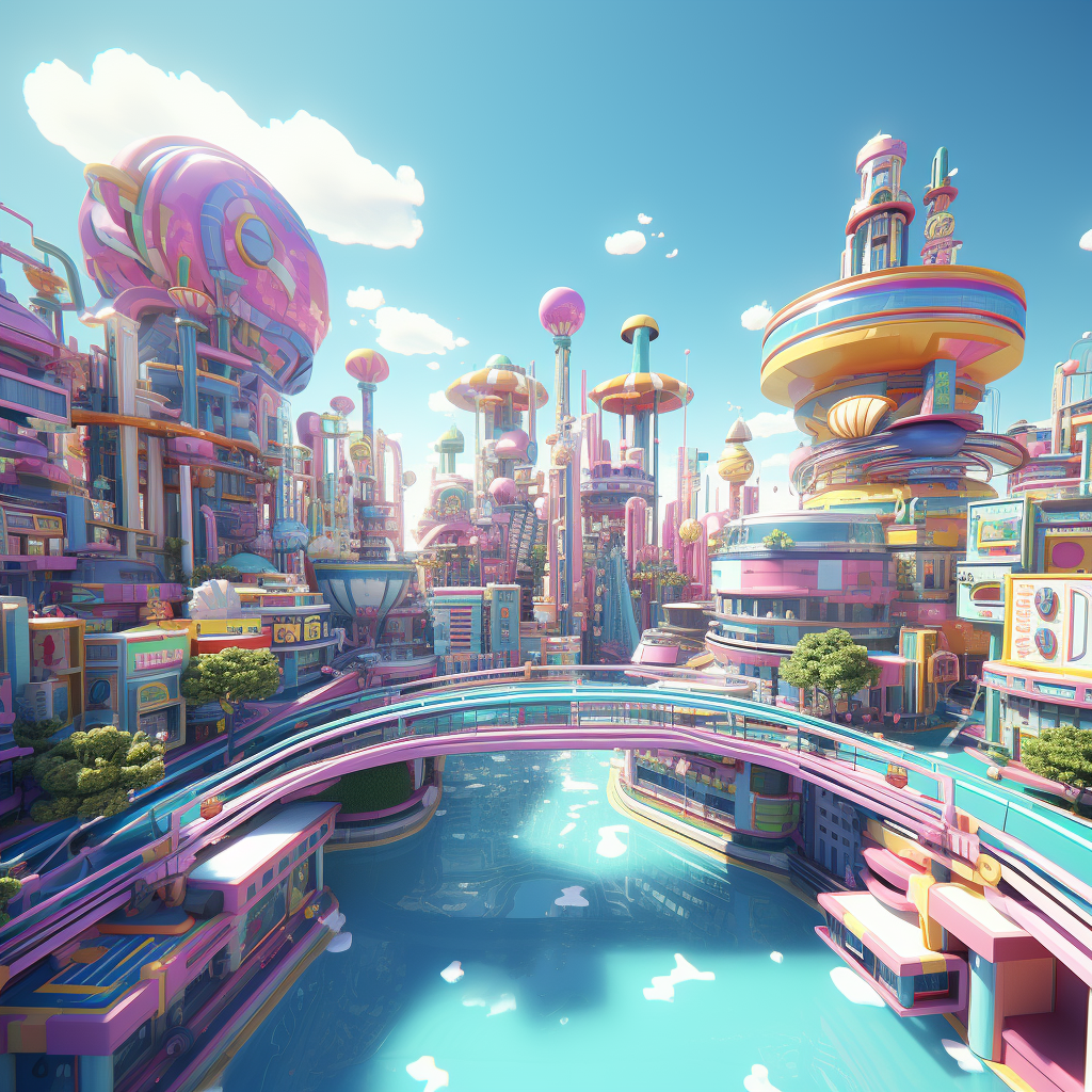 Vibrant retro arcade city on a floating island