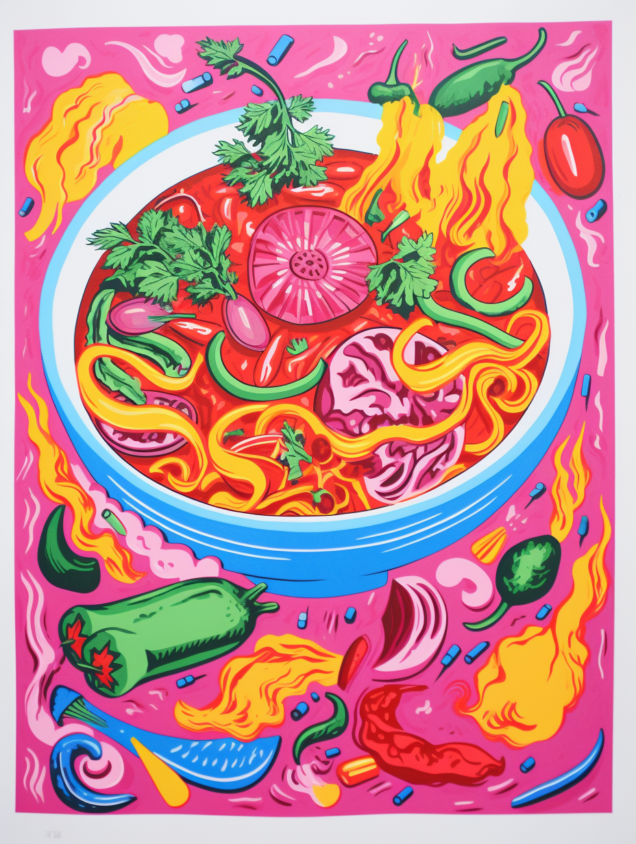 Vibrant risograph goulash dish