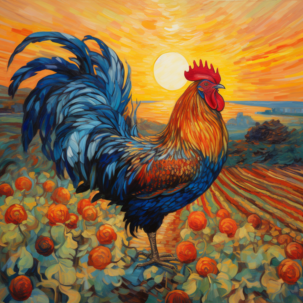 Colorful rooster celebrating sunrise