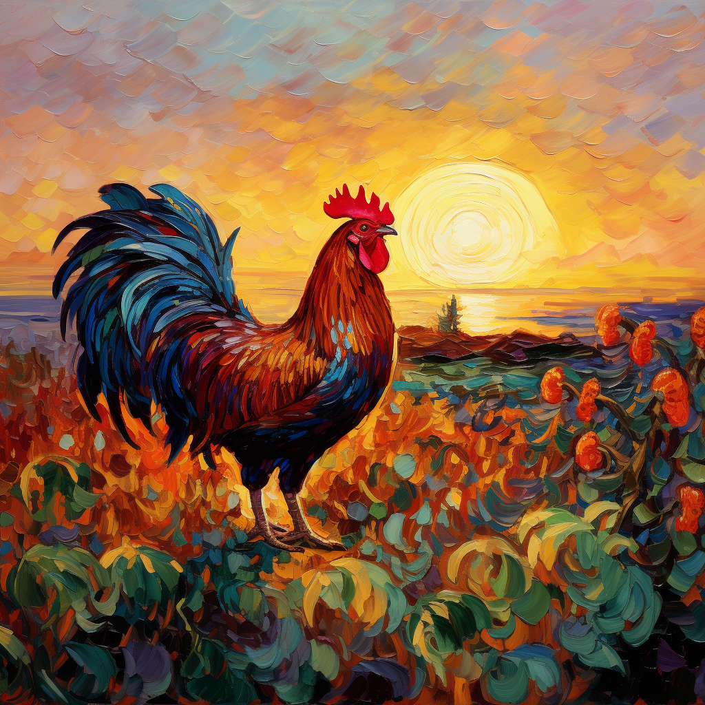 Colorful rooster crowing at sunrise