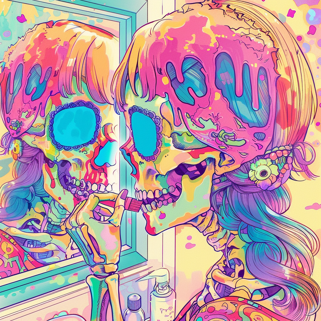 Colorful skull girl brushing hair mirror